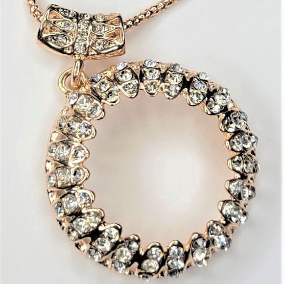Crystal Circle Pendant Necklace, Rose gold tone Long Necklace - Picture 3 of 5